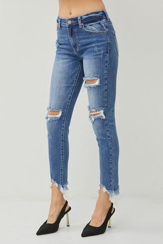 Distressed Frayed Hem Slim Jeans